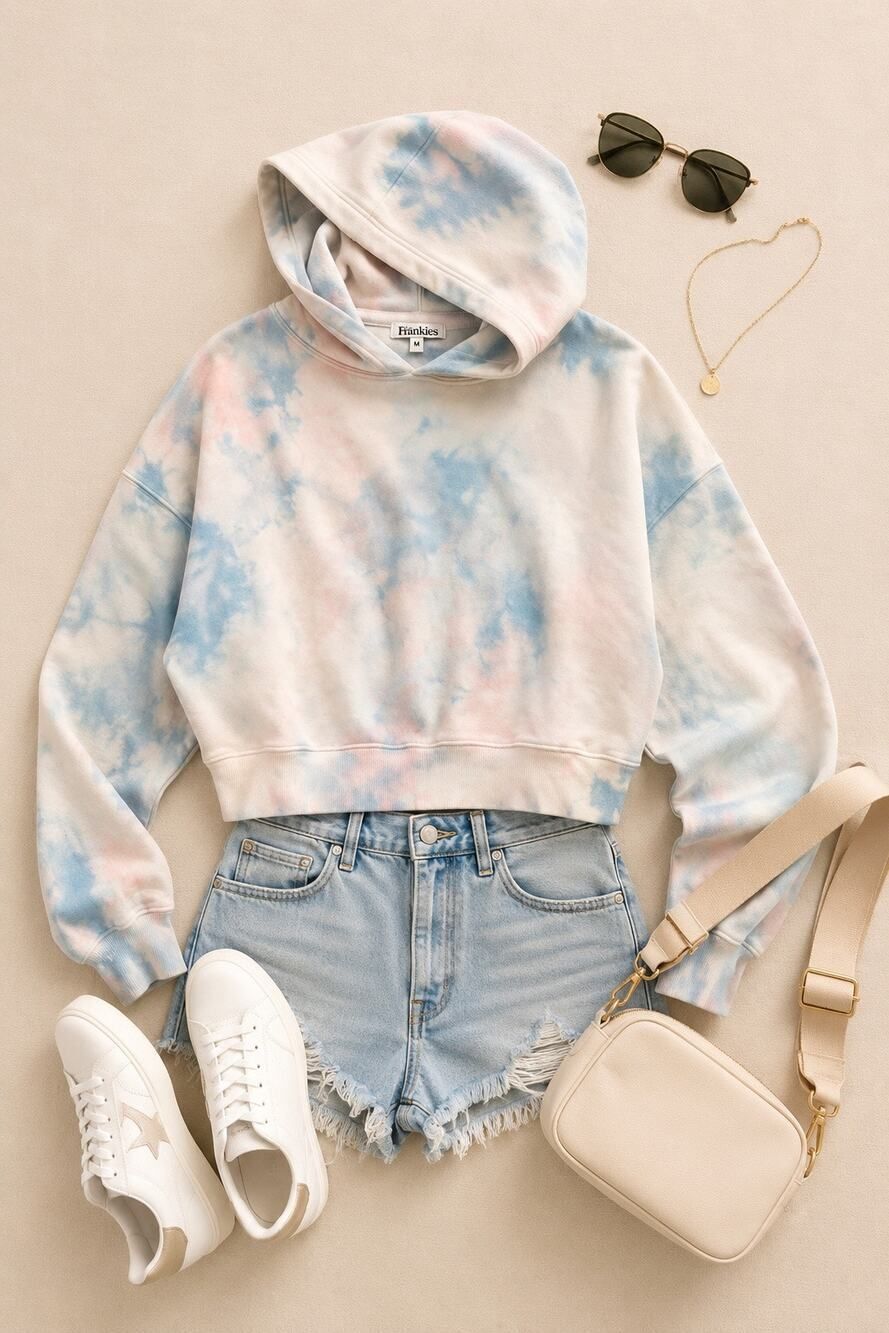 Frankies Bikinis Burl Tie Dye Cropped Hoodie Sweatshirt Medium Blue Pink USA